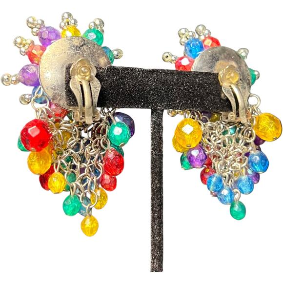 Vintage Rainbow Crystal Cluster Clip On Earrings Statement Beaded Drops - Picture 7 of 10